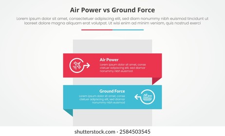 air power vs ground force comparison opposite infographic concept for slide presentation with rectangle box vertical stack with flat style vector