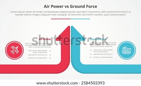 air power vs ground force comparison opposite infographic concept for slide presentation with long arrow bar top direction long arrow bar top direction with flat style vector