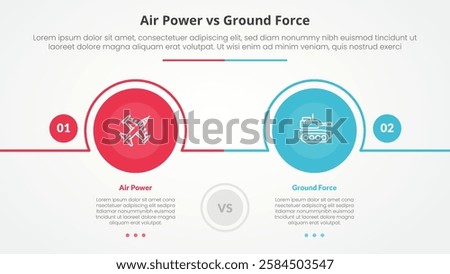 air power vs ground force comparison opposite infographic concept for slide presentation with big circle outline horizontal with flat style vector