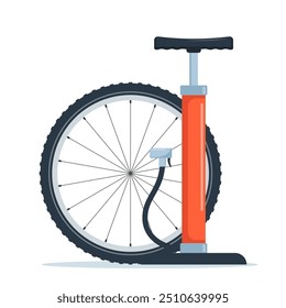 Air pump and bicycle wheel. Mechanical device for pumping. Pressure increase. Bicycle pump. Vector illustration