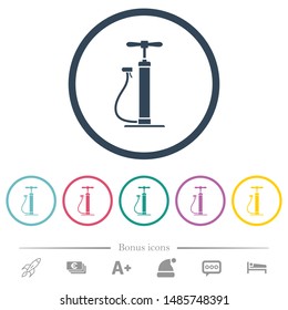 Air pump flat color icons in round outlines. 6 bonus icons included.