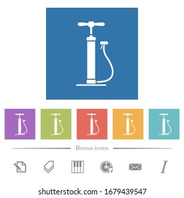 Air pump flat white icons in square backgrounds. 6 bonus icons included.