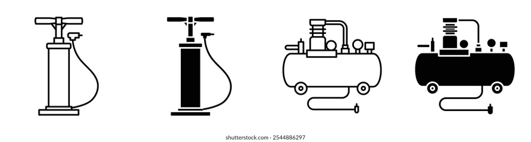 Air pump icon collection in black and white filled and solid vector style.