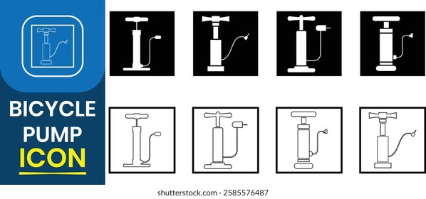 Air pump icon set. Bicycle or bike tube air feeler device set. Bicycle hand pump symbol. Hand operated portable tire pump vector. Silhouette of air pump symbol. Vector illustration.