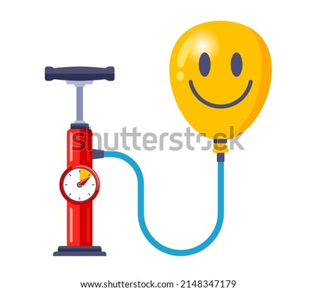 the air pump inflates the yellow balloon. inflation device. flat vector illustration.