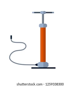 Air pump. Mechanical device for pumping. Red cylinder with handle and hose. Pressure increase. Cartoon flat illustration