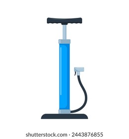 Air pump. Mechanical device for pumping. Blue cylinder with handle and hose. Pressure increase. Bicycle pump. Vector illustration