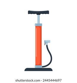 Air pump. Mechanical device for pumping. Red cylinder with handle and hose. Pressure increase. Bicycle pump. Vector illustration