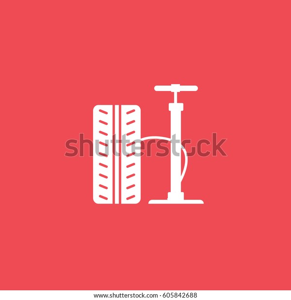 Air Pump\
And Wheel Tire Flat Icon On Red\
Background