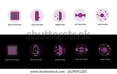 Air Purification Technologies Icon Set. Includes Merv 10 Filter, Activated Carbon Filtration, HEPA Filtering, UV-C Light Technology, and Negative Ions Sterilization.