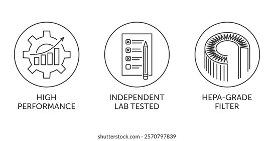 Air Purifier or Dehumidifier or any filter system icons set - Independent Lab Tested, HEPA-grade filter, High Performance. Pictograms of characteristics in thin line