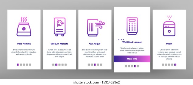 Air Purifier Devices Onboarding Mobile App Page Screen Vector Thin Line. Electronic Appliance Air Purifier And Ionizer Concept Linear Pictograms. Ventilation Technology Color Contour Illustrations