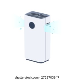 Purificador de aire con pantalla digital y hojas sopladas por el viento. Concepto Ilustración de aire puro en la habitación por el purificador de aire.