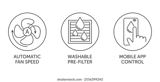 Air Purifier, Filter or Dehumidifier icons set - Automatic fan speed, Washable pre-filter, Mobile app control Pictograms of characteristics in thin line