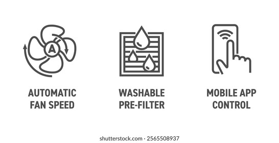 Air Purifier, Filter or Dehumidifier icons set - Automatic fan speed, Washable pre-filter, Mobile app control Pictograms of characteristics in bold line