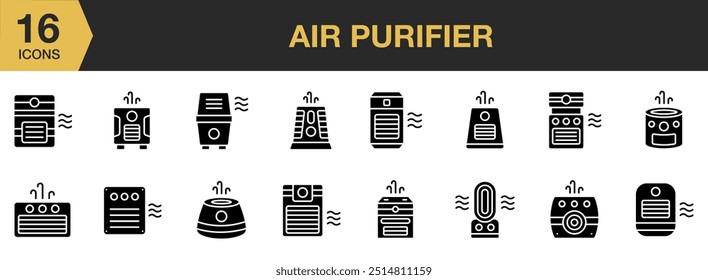 Air Purifier Glyph icon set. Includes Air, Appliances, Electric, Furniture, Purifier, and More. Solid icons vector collection.