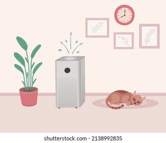 Air purifier home ad. Concept of allergy or covid prevention. Cat on carpet. Vector Illustration for printing, backgrounds, covers, packaging, greeting cards, posters, textile and seasonal design.