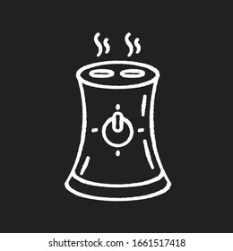 purificador de aire, dispositivo doméstico tiza el icono blanco sobre fondo negro. Humidificador de aire portátil, electrodoméstico, equipo de regulación de humedad. Ilustración aislada de cartón vectorial