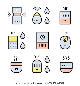 Air purifier and humidifier machine color icons sets. Home device for air purification filtering. Electronic devices. Home climate. Moisture content. Simple flat Air Humidifier icons for templates, we