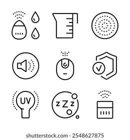 Air purifier and humidifier machine icon sets. Home device for air purification filtering. Electronic devices. Home climate. Moisture content. Simple line Air Humidifier icon for templates, web design