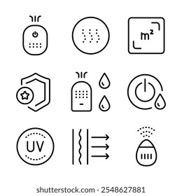 Air purifier and humidifier machine icon sets. Home device for air purification filtering. Electronic devices. Home climate. Moisture content. Simple line Air Humidifier icon for templates, web design