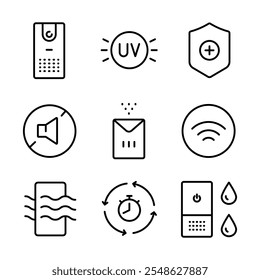 Air purifier and humidifier machine icon sets. Home device for air purification filtering. Electronic devices. Home climate. Moisture content. Simple line Air Humidifier icon for templates, web design