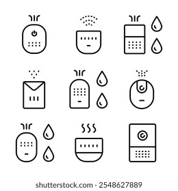 Air purifier and humidifier machine icon sets. Home device for air purification filtering. Electronic devices. Home climate. Moisture content. Simple line Air Humidifier icon for templates, web design