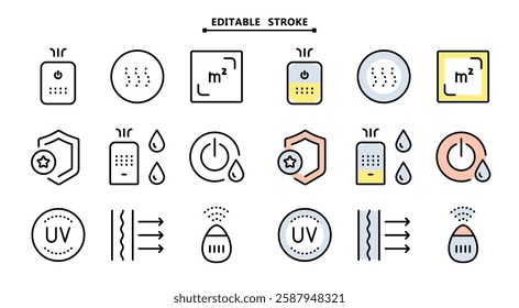 Air purifier and humidifier machine icon sets. Editable stroke. Home device for air purification filtering. Electronic devices. Home climate. Moisture content. Simple line Air Humidifier icon for temp