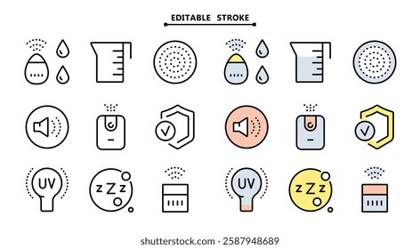 Air purifier and humidifier machine icon sets. Editable stroke. Home device for air purification filtering. Electronic devices. Home climate. Moisture content. Simple line Air Humidifier icon for temp