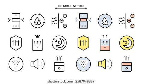 Air purifier and humidifier machine icon sets. Editable stroke. Home device for air purification filtering. Electronic devices. Home climate. Moisture content. Simple Air Humidifier icon for templates