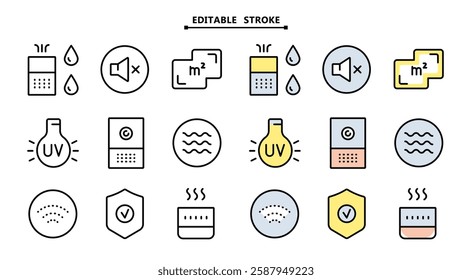 Air purifier and humidifier machine icon sets. Editable stroke. Home device for air purification filtering. Electronic devices. Home climate. Moisture content. Simple line Air Humidifier icon for temp