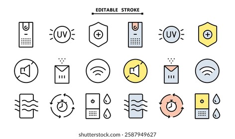 Air purifier and humidifier machine icon sets. Editable stroke. Home device for air purification filtering. Electronic devices. Home climate. Moisture content. Simple Air Humidifier icon for templates