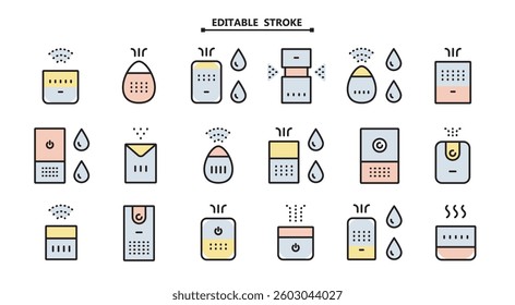 Air purifier and humidifier machine icon sets. Editable stroke. Home device for air purification filtering. Electronic devices. Home climate. Moisture content. Simple line Air Humidifier icon for temp
