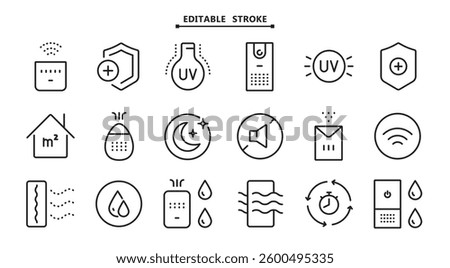 Air purifier and humidifier machine icon sets. Editable stroke. Home device for air purification filtering. Electronic devices. Home climate. Moisture content. Simple Air Humidifier icon for templates