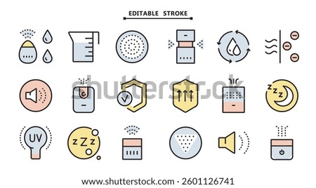 Air purifier and humidifier machine icon sets. Editable stroke. Home device for air purification filtering. Electronic devices. Home climate. Moisture content. Simple Air Humidifier icon for templates