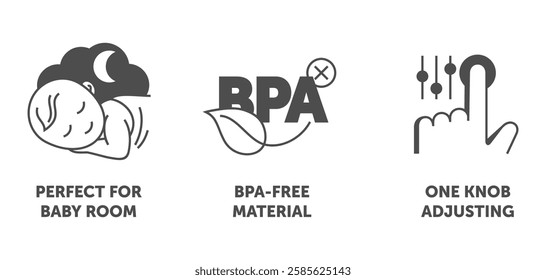 Air purifier or humidifier properties icons set - Perfect for baby room, BPA-free material, One knob adjusting. Pictograms for labeling in monochrome style