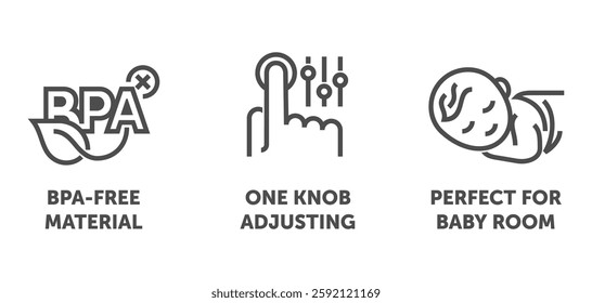 Air purifier or humidifier properties icons set - Perfect for baby room, BPA-free material, One knob adjusting. Pictograms for labeling in bold line