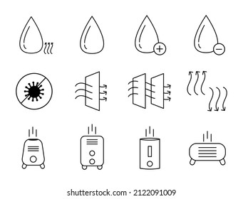 Juego de vectores de ilustración de icono del purificador de aire. Contiene íconos como Polvo, Oxígeno, Corrientes de Aire, Contaminación del Aire, purificador, Filtro de Aire y más. Diseñar elementos en el estilo de esquema