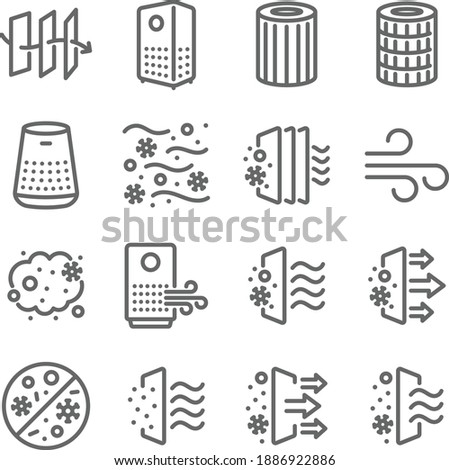 Air purifier icon illustration vector set. Contains such icons as Dust, Oxygen, Anti-bacteria, Air pollution, pm 2.5, Air filter, and more. Expanded Stroke