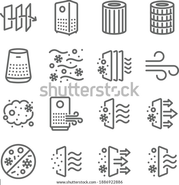 Air purifier icon illustration vector\
set. Contains such icons as Dust, Oxygen, Anti-bacteria, Air\
pollution, pm 2.5, Air filter, and more. Expanded\
Stroke