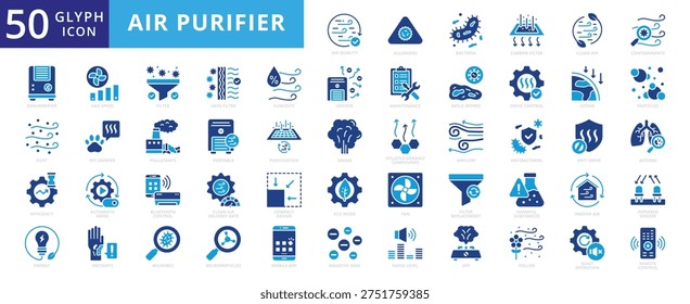 air purifier icon set with harmful substances, volatile organic compounds, infrared sensor, quiet operation, hepa filter, airflow, air quality, dehumidifier, dust remover, energy efficiency