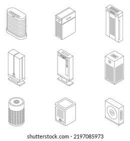 Air purifier icons set. Isometric set of air purifier vector icons outline thin lne isolated on white