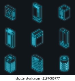 Air purifier icons set. Isometric set of air purifier vector icons neon color on black