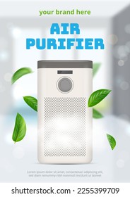 Air purifier poster. Ads with humidifiers realistic illustration decent vector modern cleaning systems