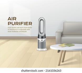 Air purifier realistic poster with editable text and modern appliance in living room for fresh air and dust removing vector illustration