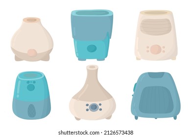  air purifier set cartoon.  Humidifier icons set collection. Set of purifiers microclimate for home. Healthy humidity. appliances, aroma diffuser