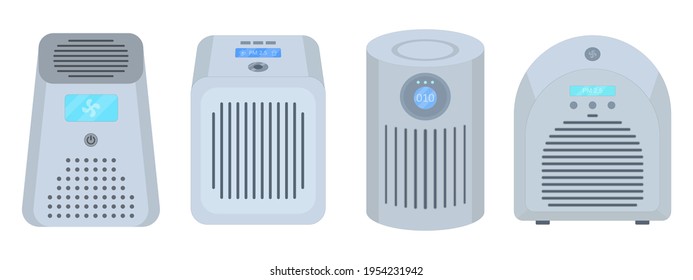 Air purifier set. Filtration of viruses and dirty air. PM 2.5 filter. Vector illustration in flat style on an isolated white background.