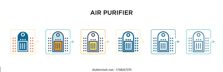 Icono de vector purificador de aire en 6 estilos modernos diferentes. Iconos de purificador de aire negro, de dos colores, diseñados en estilo relleno, contorno, línea y trazo. La ilustración vectorial se puede usar para web, móvil, ui