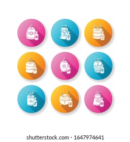 Air purifiers, filters flat design long shadow glyph icons set. Climate control equipment, humidifiers, household appliances, indoor humidity regulators. Silhouette RGB color illustration