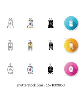 Air purifiers, humidifiers, aromatherapy devices icons set. Domestic respiratory equipment, ionizing machines, humidity regulators. Linear, black and RGB color styles. Isolated vector illustrations